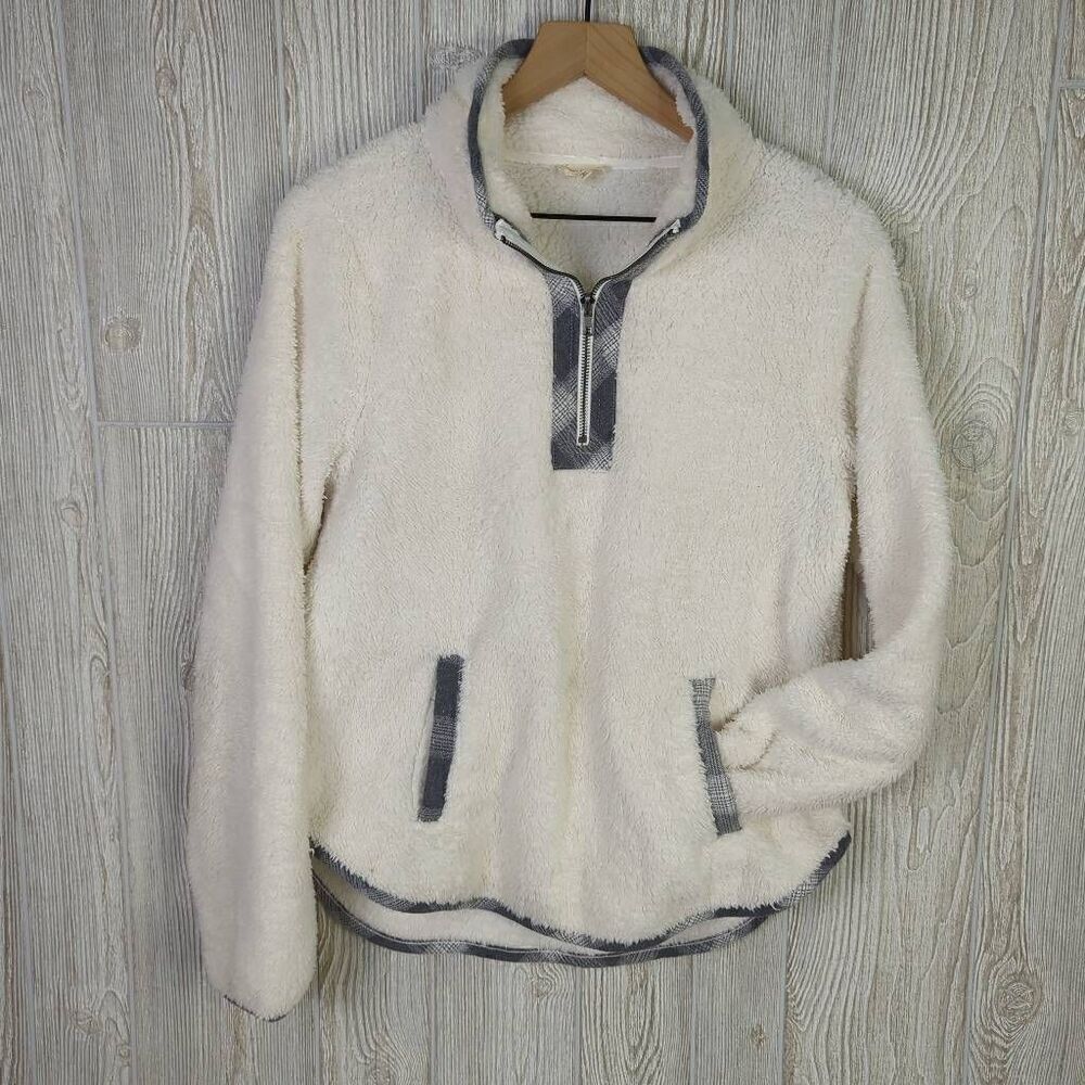 Hem & Thread Womens Size Medium 1/4 Zip Front Jacket White Fleece Pockets